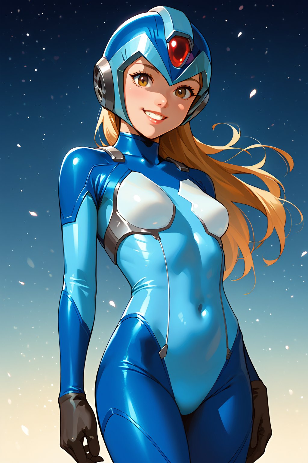 digital_media_(artwork) hi_res, score_9, score_8_up, score_7_up, score_6_up, score_5_up, score_4_up, rating_safe, beautiful, slim, slender, small breasts, cute, helmet, bodysuit under clothes,  long blonde hair, beautiful eyes, smile, solo, SFW, zero X,good_hands