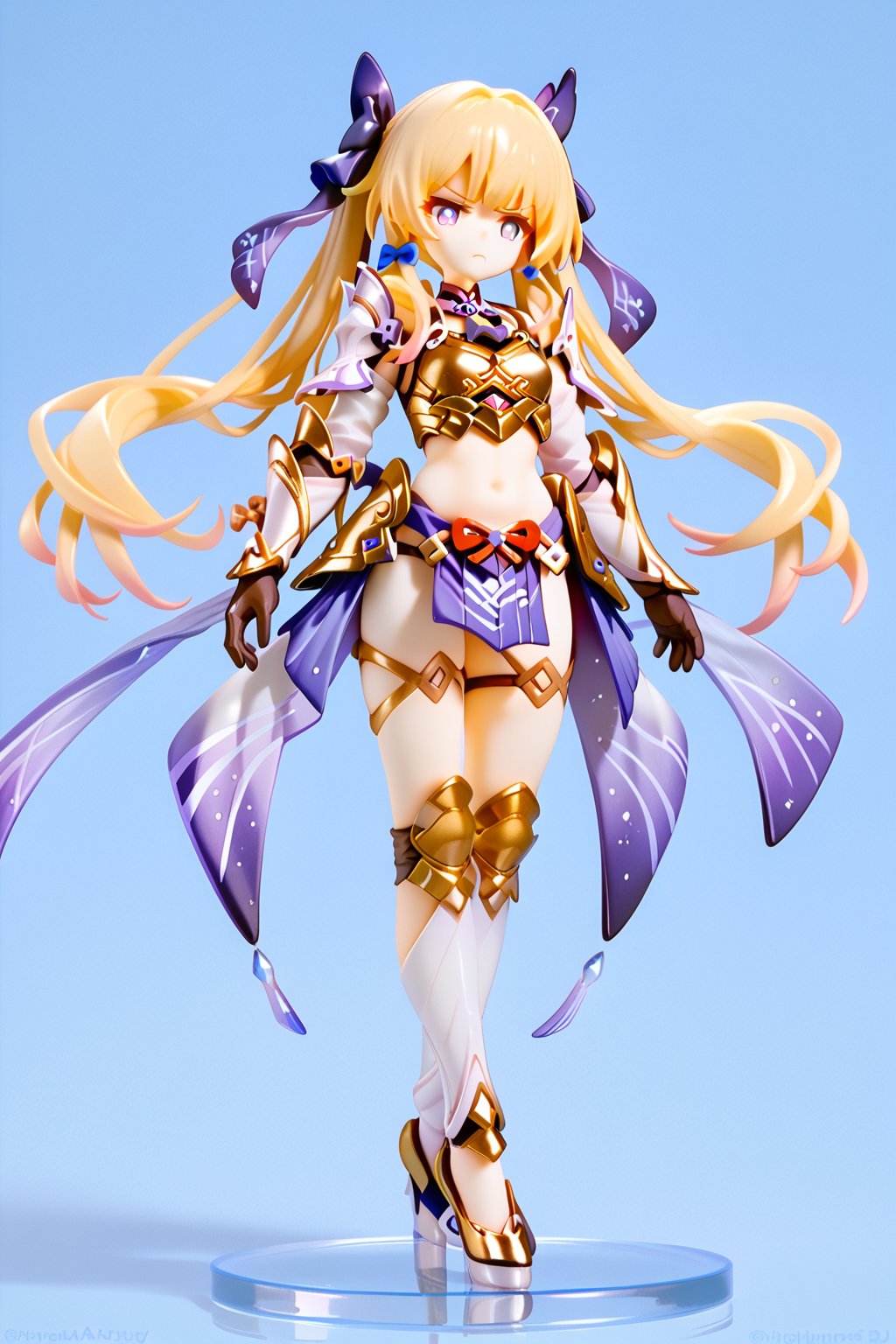 1girl, armor, bikini armor, blonde hair, bow, breastplate, crotch plate, frown, full body, gloves, hair bow, hair ribbon, high heels, legs, long hair, midriff, navel, purple eyes, revealing clothes, ribbon, shoes, simple background, solo, standing, twintails, very long hair.,score_9,score_8_up,score_7_up,3D,PVC Style