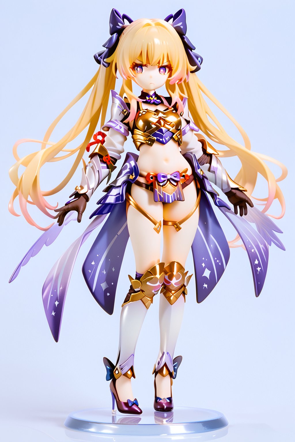 1girl, armor, bikini armor, blonde hair, bow, breastplate, crotch plate, frown, full body, gloves, hair bow, hair ribbon, high heels, legs, long hair, midriff, navel, purple eyes, revealing clothes, ribbon, shoes, simple background, solo, standing, twintails, very long hair.,score_9,score_8_up,score_7_up,3D,PVC Style