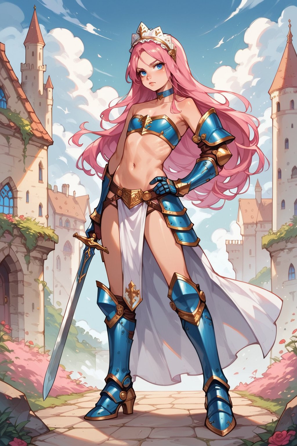  score_9, score_8_up, score_7_up, score_6, score_5, score_4, source_anime, 1girl, armor, bikini armor, blue eyes, choker, flat chest, full body, gauntlets, hand on own hip, headdress, long hair, pink hair, power suit, solo, strapless bottom, sword, very long hair, weapon, medieval castle