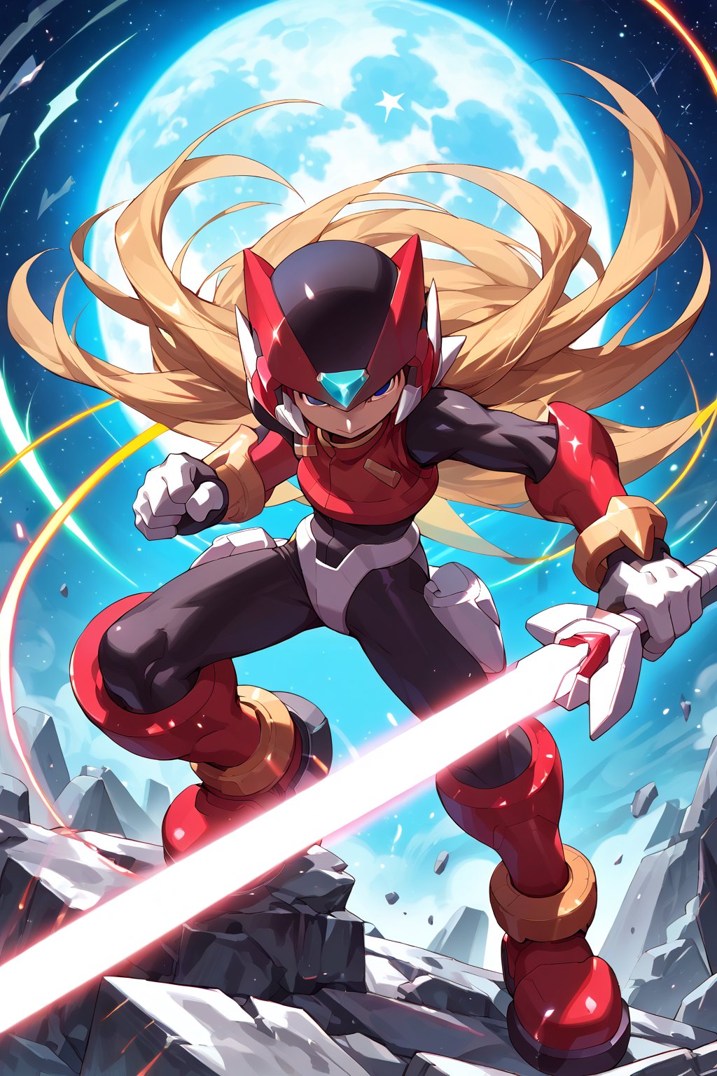 digital_media_(artwork) hi_res, score_9, score_8_up, score_7_up, score_6_up, score_5_up, score_4_up, 1boy,  zero(ver.ke), mega man x \(series\), zero \(mega man\), reploid, beam saber, helmet, blonde hair, mechanical boots, (Accessories Theme:1.4), (hold a sword), (long hair:1.3), (force aura theme:1.3), ((moon, star, moutain)),megaman_zero