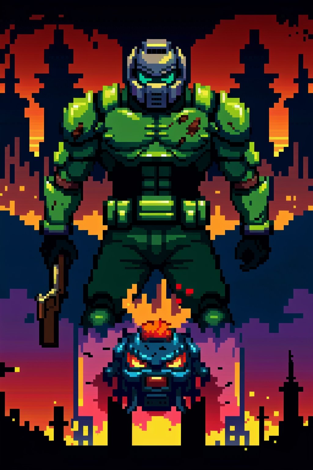 Work inspired by the genres of terror, horror, and anime, creating an intense and immersive atmosphere. | The protagonist, Doomguy, a 33-year-old man with strong arms, holding a shotgun, stands out in the center of a completely destroyed building engulfed in hellish flames, under the night's infernal light. He wears an imposing green armor with a helmet that completely covers his face. | The scene is composed of stone and metal structures, including charred pillars, destroyed furniture, and demonic portals exhaling demons and skulls in flames. | Sinister lighting enhances the burning flames, highlighting Doomguy's robust presence in the scene. | The careful composition highlights the protagonist's figure amidst the destruction, while demons emerge from the portals, contributing to the terrifying atmosphere. | The camera captures the intensity of the moment, offering a unique view of Doomguy facing the infernal forces. | (intense_aura), (strong_arms), (green_armor), (full_helmet), (stone_and_metal_structures), (burnt_pillars), (destroyed_furniture), (hellish_portals), (demonic_skulls_on_fire), (sinister_lighting), ((full body)), More Detail",Pixel art