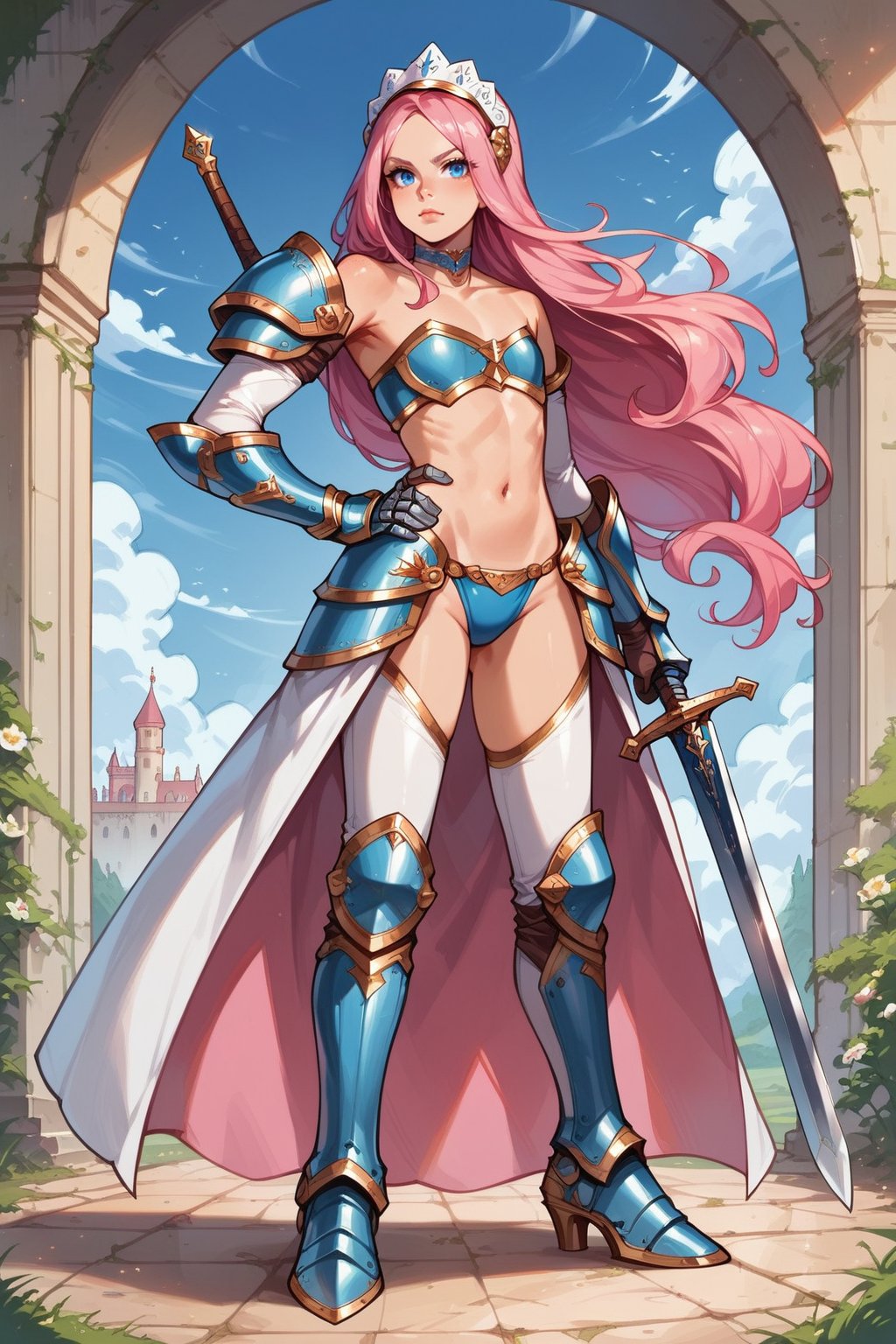  score_9, score_8_up, score_7_up, score_6, score_5, score_4, source_anime, 1girl, armor, bikini armor, blue eyes, choker, flat chest, full body, gauntlets, hand on own hip, headdress, long hair, pink hair, power suit, solo, strapless bottom, sword, very long hair, weapon, medieval castle