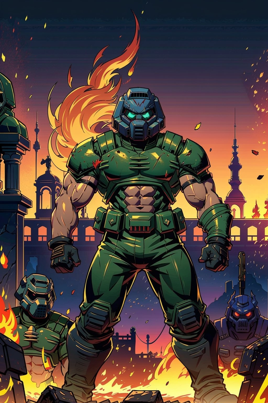 Work inspired by the genres of terror, horror, and anime, creating an intense and immersive atmosphere. | The protagonist, Doomguy, a 33-year-old man with strong arms, holding a shotgun, stands out in the center of a completely destroyed building engulfed in hellish flames, under the night's infernal light. He wears an imposing green armor with a helmet that completely covers his face. | The scene is composed of stone and metal structures, including charred pillars, destroyed furniture, and demonic portals exhaling demons and skulls in flames. | Sinister lighting enhances the burning flames, highlighting Doomguy's robust presence in the scene. | The careful composition highlights the protagonist's figure amidst the destruction, while demons emerge from the portals, contributing to the terrifying atmosphere. | The camera captures the intensity of the moment, offering a unique view of Doomguy facing the infernal forces. | (intense_aura), (strong_arms), (green_armor), (full_helmet), (stone_and_metal_structures), (burnt_pillars), (destroyed_furniture), (hellish_portals), (demonic_skulls_on_fire), (sinister_lighting), ((full body)), More Detail"