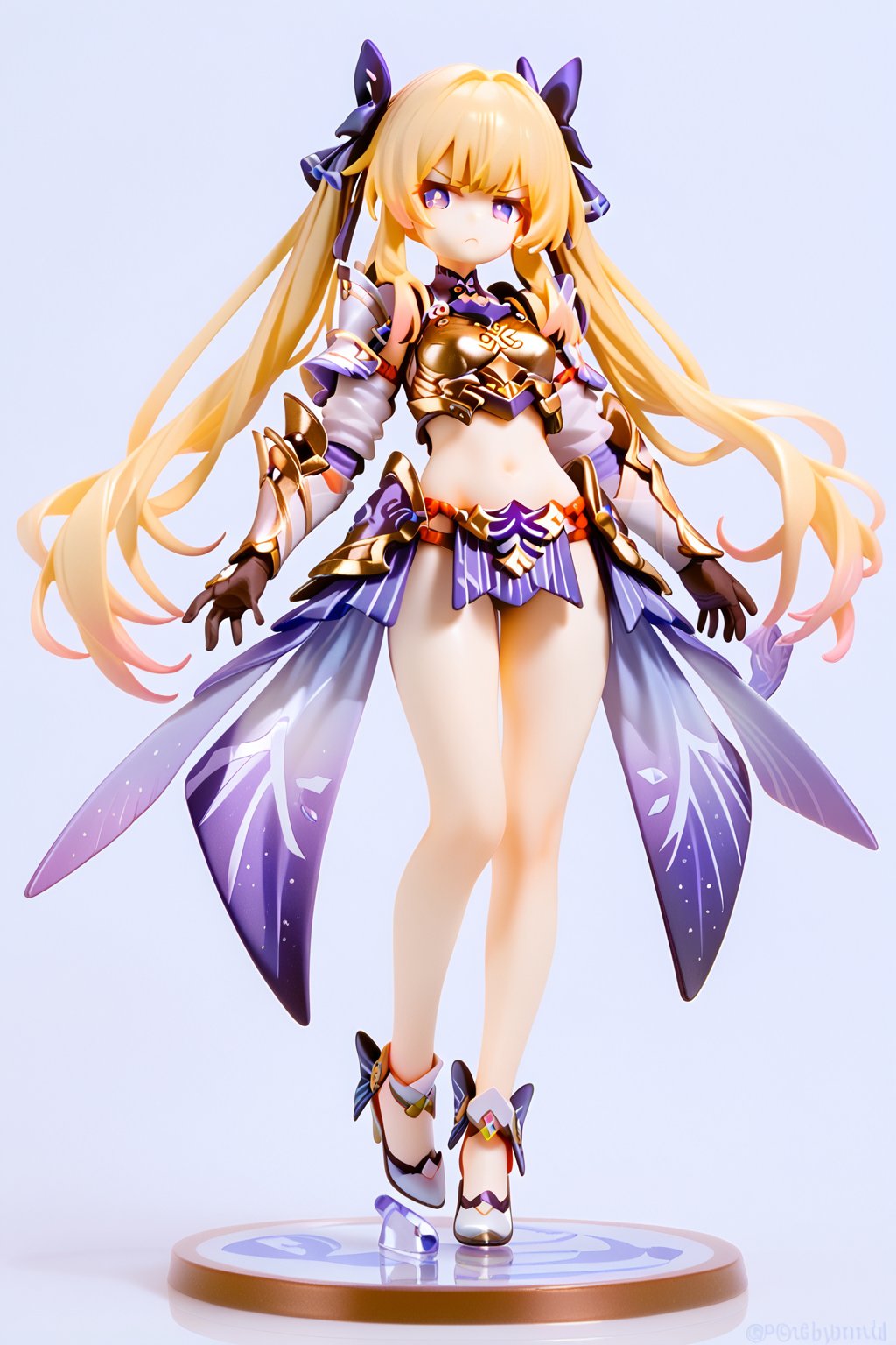 1girl, armor, bikini armor, blonde hair, bow, breastplate, crotch plate, frown, full body, gloves, hair bow, hair ribbon, high heels, legs, long hair, midriff, navel, purple eyes, revealing clothes, ribbon, shoes, simple background, solo, standing, twintails, very long hair.,score_9,score_8_up,score_7_up,3D,PVC Style