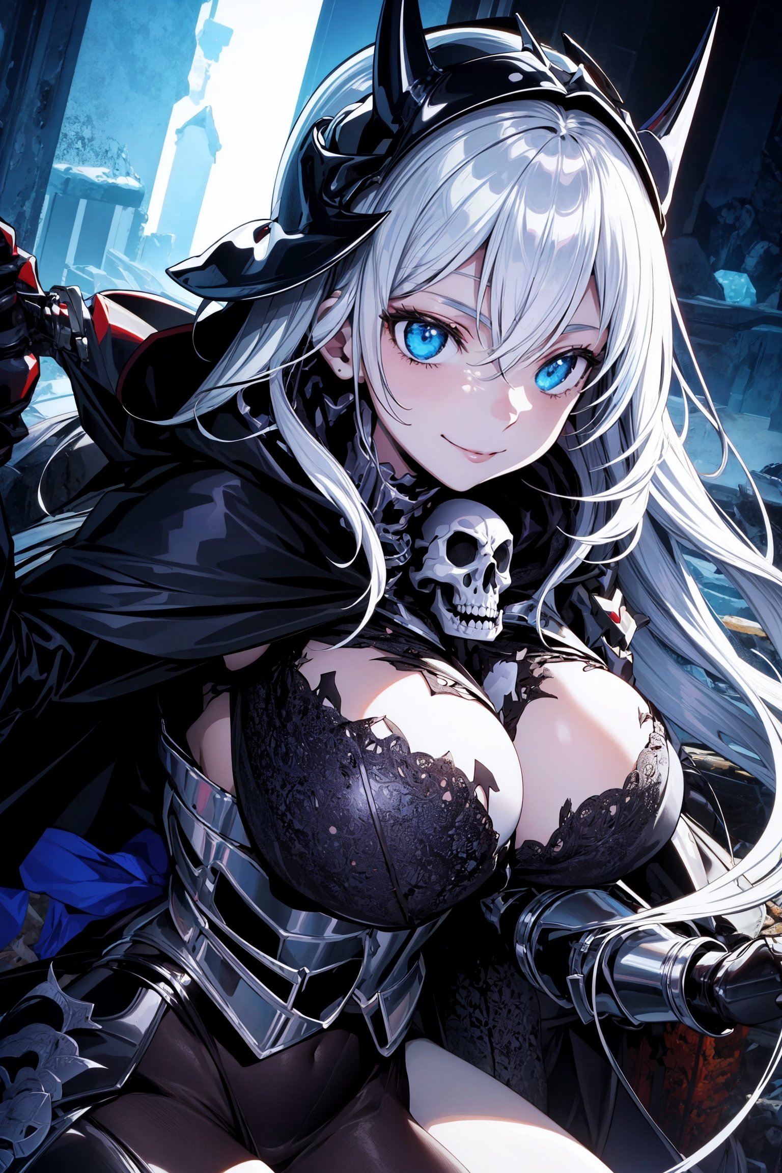 (masterpiece), (best quality), (detailed), {{illustration}}  {{{ knight girl, dark knight, dark armor, skull helmet, sinister, specter, archmage, skulls, torn cape, undead, white skin, long hair, blue eyes, villainous smile, bluish skin, spectral energy, cursed sword, ice magic, snowy wasteland, night, skeleton knight, skeleton horse, rider, night }}} {best quality}, {{hi res}}