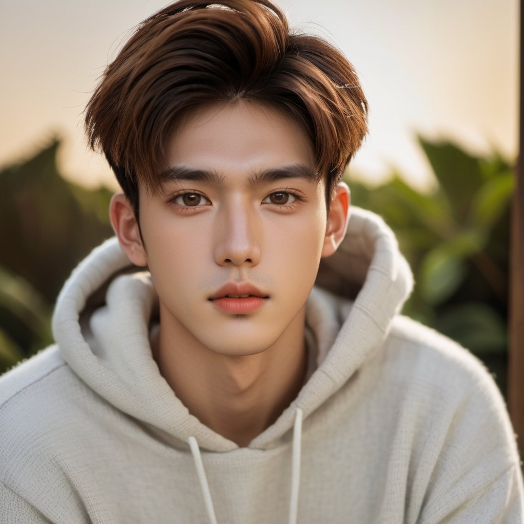 close up portrait of a young handsome Korean man age 18th in comfy clothing, blonde straight hair, hazel eyes strong color contrast and high detail