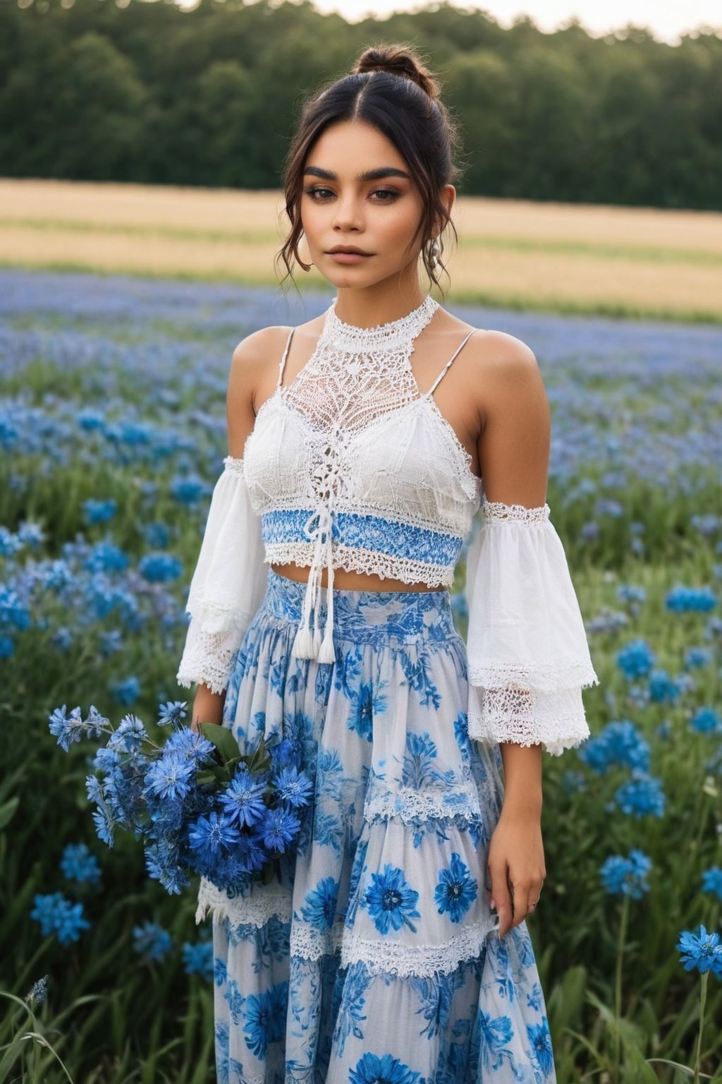 HQ photography, sharp focus, boho chic style,boho chic girl,Vanessa, Vanessa Hudgens, Instagram photography, influencer,

The image is a photographic representation featuring a girl amidst a field of blue flowers. She appears contemplative, with a slight tilt to their head and a soft gaze that does not meet the camera's lens. She is wearing a boho chic outfit both in shades of blue that harmonize with the surrounding flora. The field extends into the distance, suggesting an expansive meadow or prairie. The sky overhead is overcast, casting a diffused light that softens shadows and enhances the overall ethereal quality of the scene. There is no text present in the image. (((She is holding a bouquet of blue flowers.))) crochet crop top, High-waisted bohemian print maxi skirt, Tassel earrings