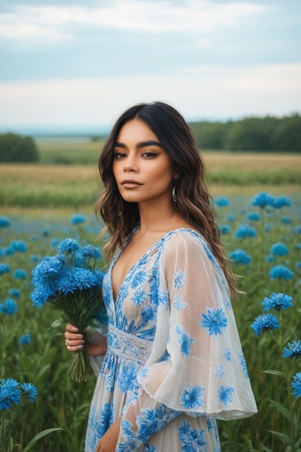 HQ photography, sharp focus, boho chic style,boho chic girl,Vanessa, Vanessa Hudgens, Instagram photography, influencer,

The image is a photographic representation featuring a girl amidst a field of blue flowers. She appears contemplative, with a slight tilt to their head and a soft gaze that does not meet the camera's lens. She is wearing a boho chic outfit both in shades of blue that harmonize with the surrounding flora. The field extends into the distance, suggesting an expansive meadow or prairie. The sky overhead is overcast, casting a diffused light that softens shadows and enhances the overall ethereal quality of the scene. There is no text present in the image. She is holding a bouquet of blue flowers.