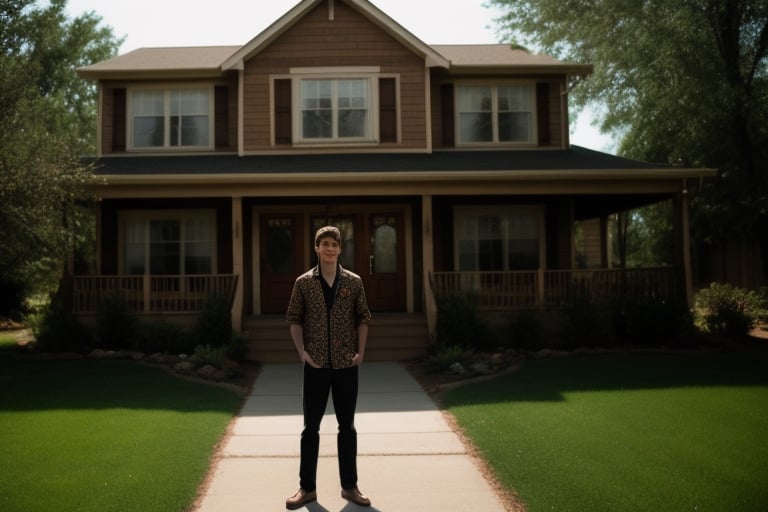 Handsome young man wearing hippie clothes, standing on the frontyard outside his house.