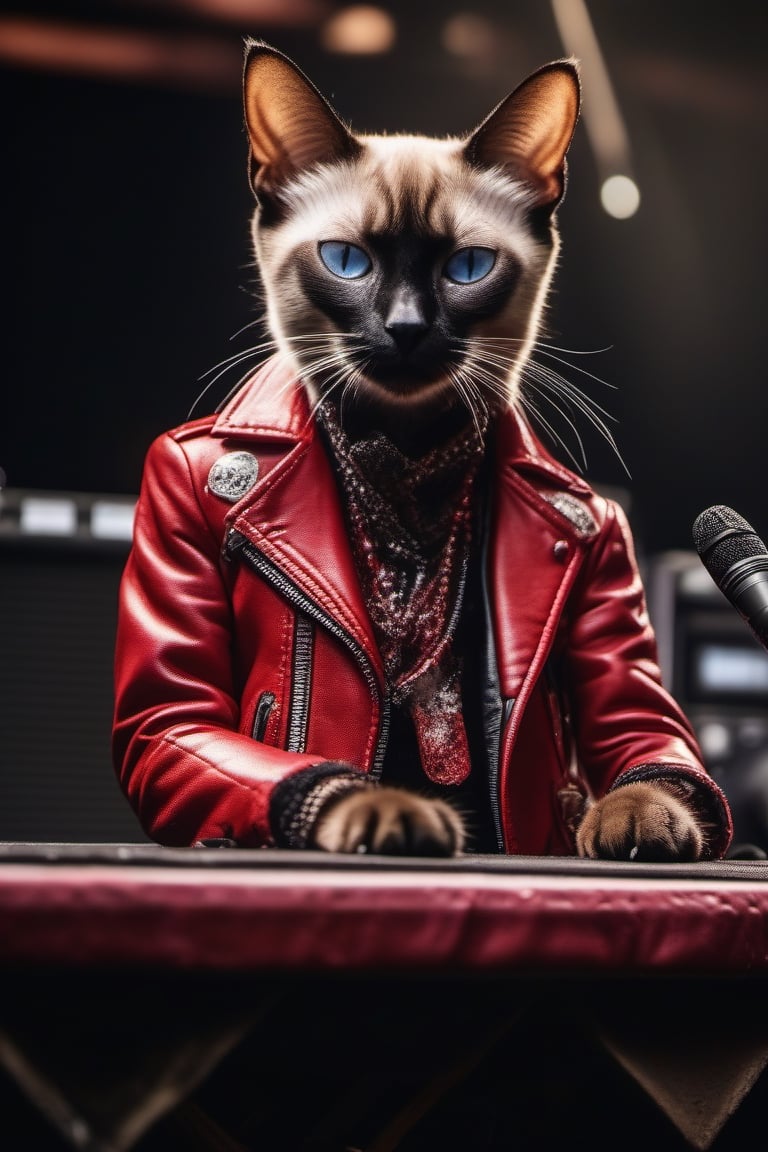 A stunning 64K photo of a realistic cute siamese cat, dressed in rockstar clothes, red leather jacket, signing at a rock concert stage, award-winning photography, hyper detailed, hyper realistic, masterpiece