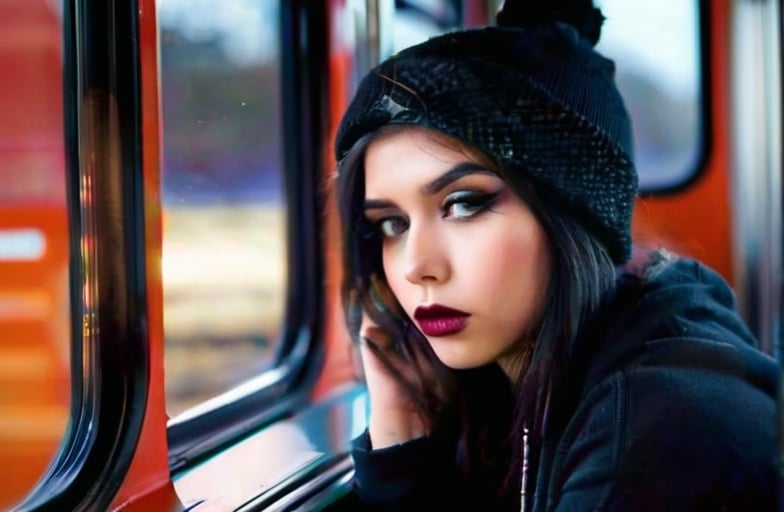 HQ photography, sharp focus, Instagram photography, influencer, moody photography,

 a goth girl is captured in a moment of contemplation. She sits alone on a train, her gaze directed out of the window, lost in thought. The dim lighting inside the train car adds a sense of introspection to the scene. Her attire is goth-chic, with Oversized black hoodie with graphic print, Black fishnet tights, Beanie hat, and Dark nail polish that complements her dark hair. The window serves as a frame within the frame, drawing attention to her thoughtful expression and the world outside. The overall atmosphere is one of solitude and reflection.,Gothic-chic style,ohwx, Mila Azul,