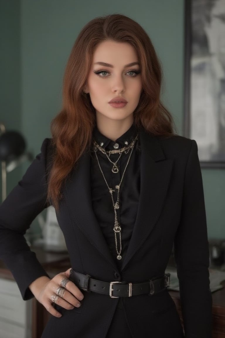 cinematic photo, HQ photography, (((realistic photo))),Cute ginger Irish girl, standing in her office, green eyes, skinny body, sleek business suit, goth belt, multiple rings, multiple necklaces, collar shirt, gothic-chic_style,aidmaNSWFunlock