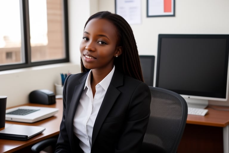 Beautiful cute Kenyan college girl sitting in an office, wearing a business suit, perfect body, beautiful hair 