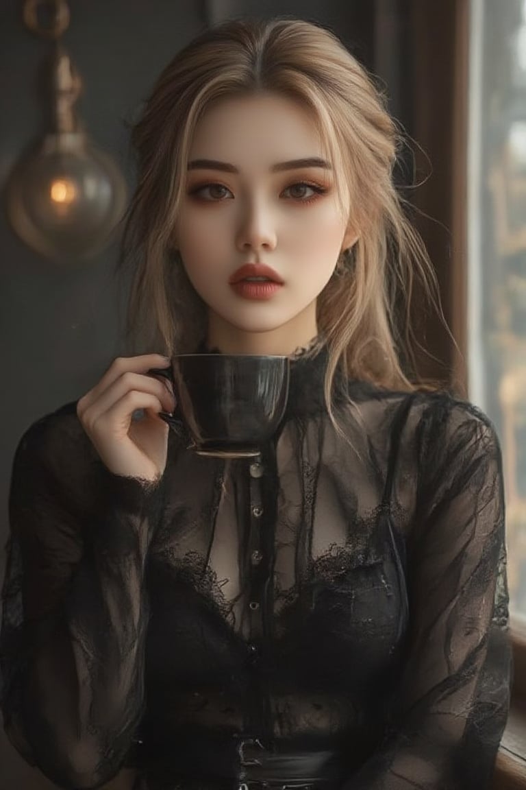 cinematic photo, HQ photography, (((realistic photo))),Cute blonde Norwegian girl having a cup of coffee in a café,gothic-chic_style