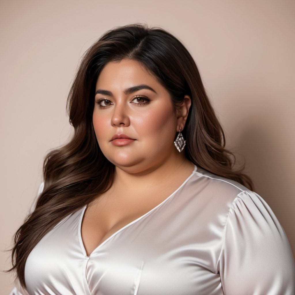 close up portrait of a fat Mexican woman MILF age 45th in formal clothing, long wavy hair  strong color contrast and high detail