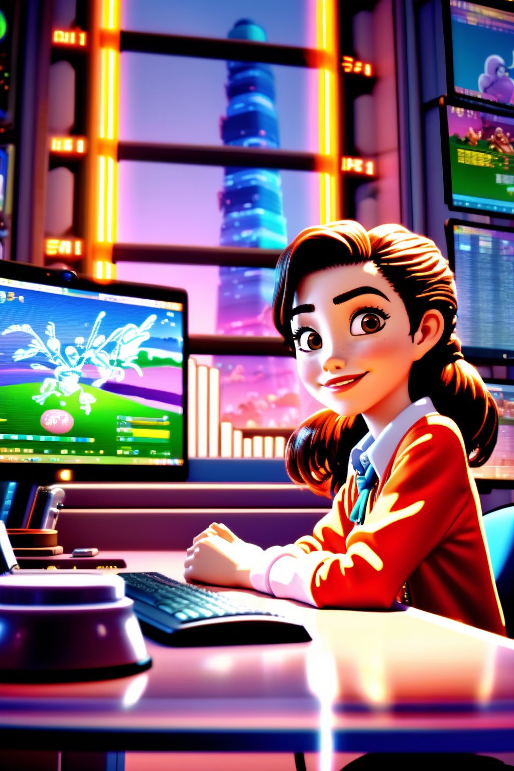 A young girl host[Stock trader] sits behind office desk in a Pixar style, Semi-realistic anime style, intricate details, highly detailed, cinematic, disney,happy character design, game assets,Movie set, CGI, Bright light,-
