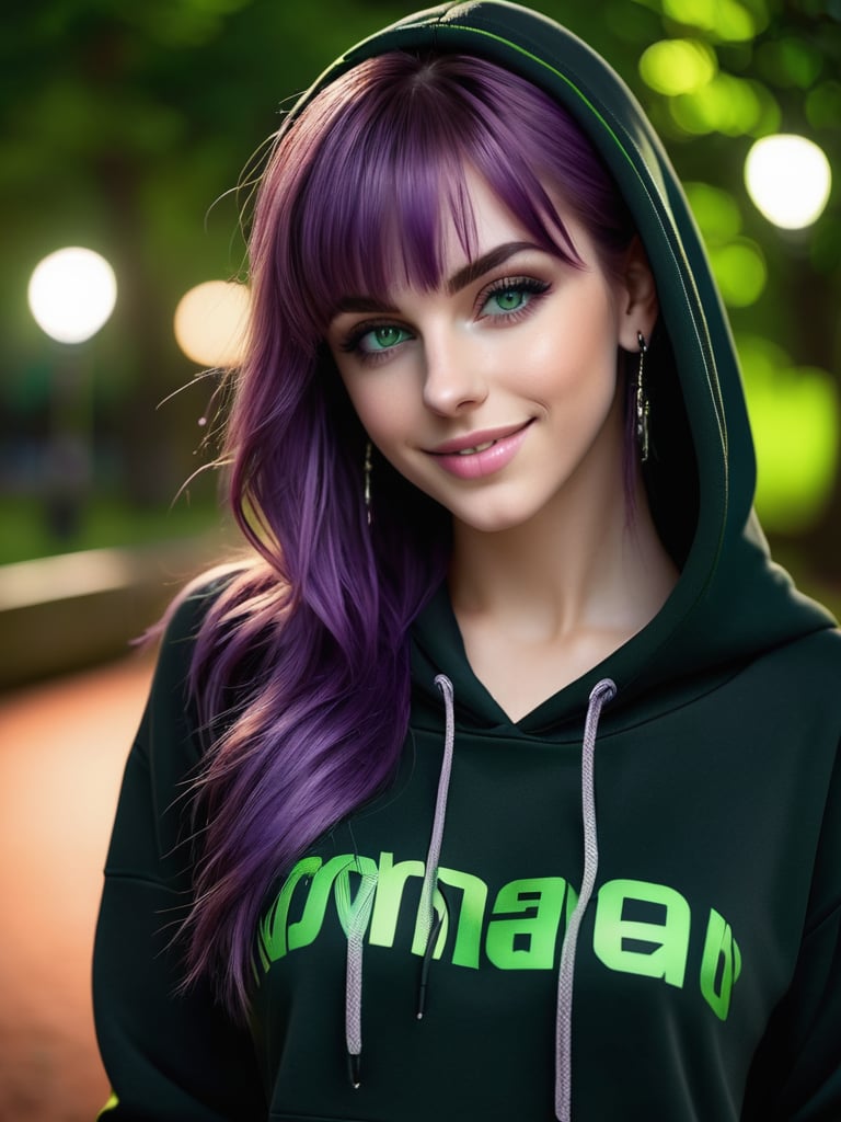 ((best quality)), ((masterpiece)), ((realistic)), (detailed), ((potrai)),(1 girl) women, black hoodie, sfw, arm tattoo, long hair, bangs, small breasts, big green eyes, purple hair, detailed background, in the park, portrait, smiling, seductive look, night, (((close up face shoot))), dim lights, 8k uhd, realistic, Nikon z9, raytracing, full body, realistic