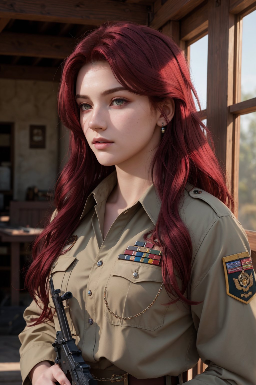 High quality, masterpiece, masterpiece, exquisite facial features, exquisite hair, exquisite eyes, red maroon colored hair, 4K quality, gorgeous light and shadow, Tyndall effect, halo, messy hair, young state, gorgeous scenes, US military clothes, chains, guns,