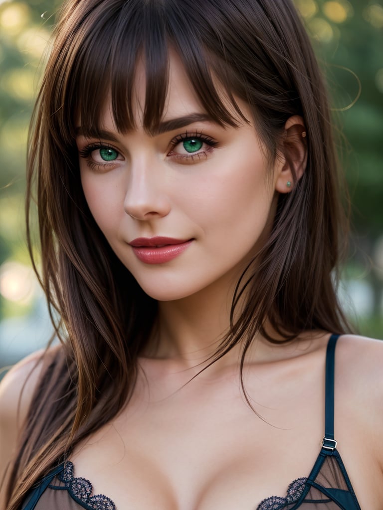 ((best quality)), ((masterpiece)), ((realistic)), (detailed), ((potrai)),(1 girl) women, long hair, bangs, small breasts, big green eyes, purple hair, detailed background, in the park, portrait, smiling, seductive look, night, (((close up face shoot))), dim lights, 8k uhd, realistic, Nikon z9, raytracing, full body, realistic 18K, lingerie hot
