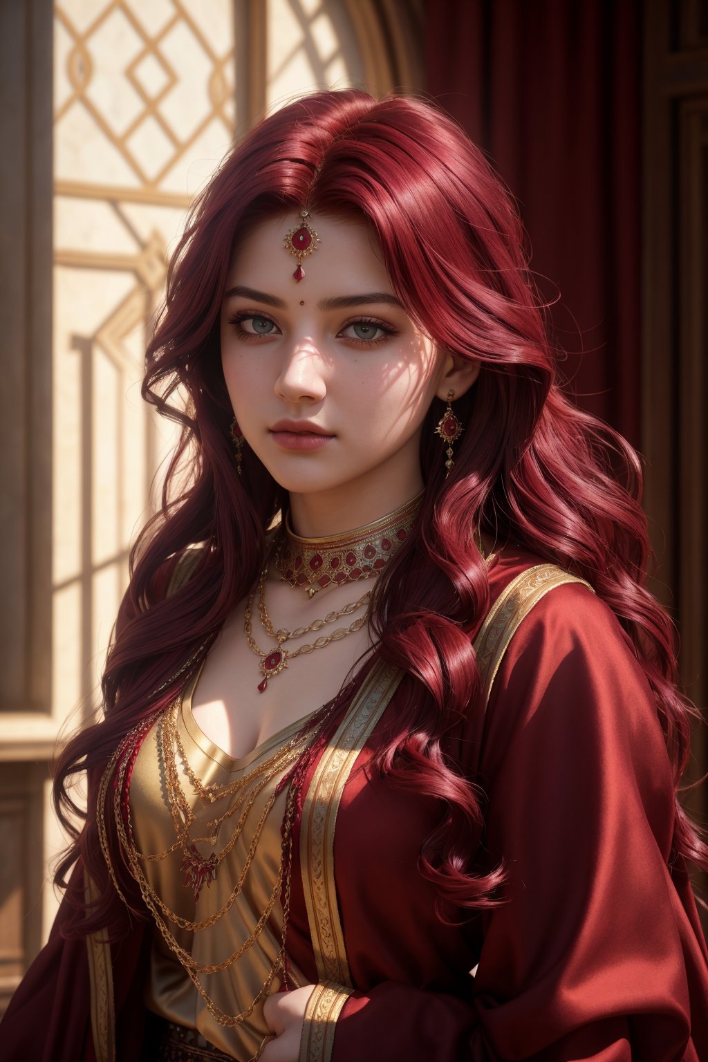 High quality, masterpiece, masterpiece, exquisite facial features, exquisite hair, exquisite eyes, red maroon colored hair, 4K quality, gorgeous light and shadow, Tyndall effect, halo, messy hair, young state, gorgeous scenes, persian_clothes , chains, guns, 18K, generate photorealistic