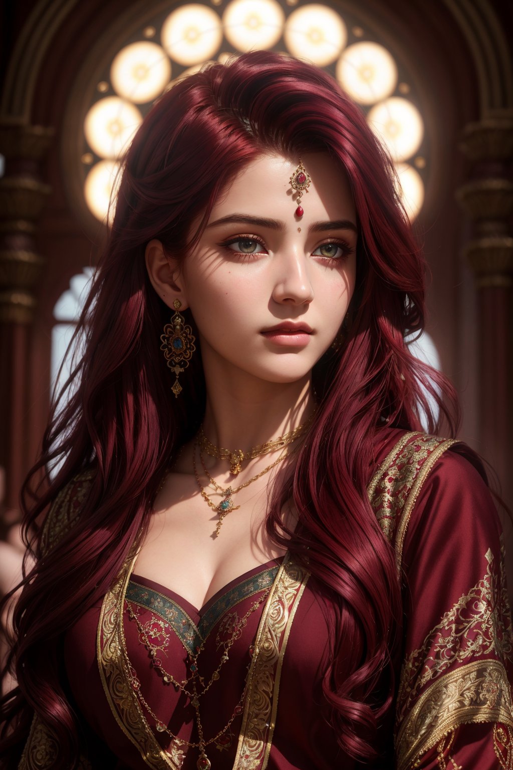 High quality, masterpiece, masterpiece, exquisite facial features, exquisite hair, exquisite eyes, red maroon colored hair, 4K quality, gorgeous light and shadow, Tyndall effect, halo, messy hair, young state, gorgeous scenes, persian_clothes , chains, guns, 18K, generate photorealistic, extremely intricate:1.3