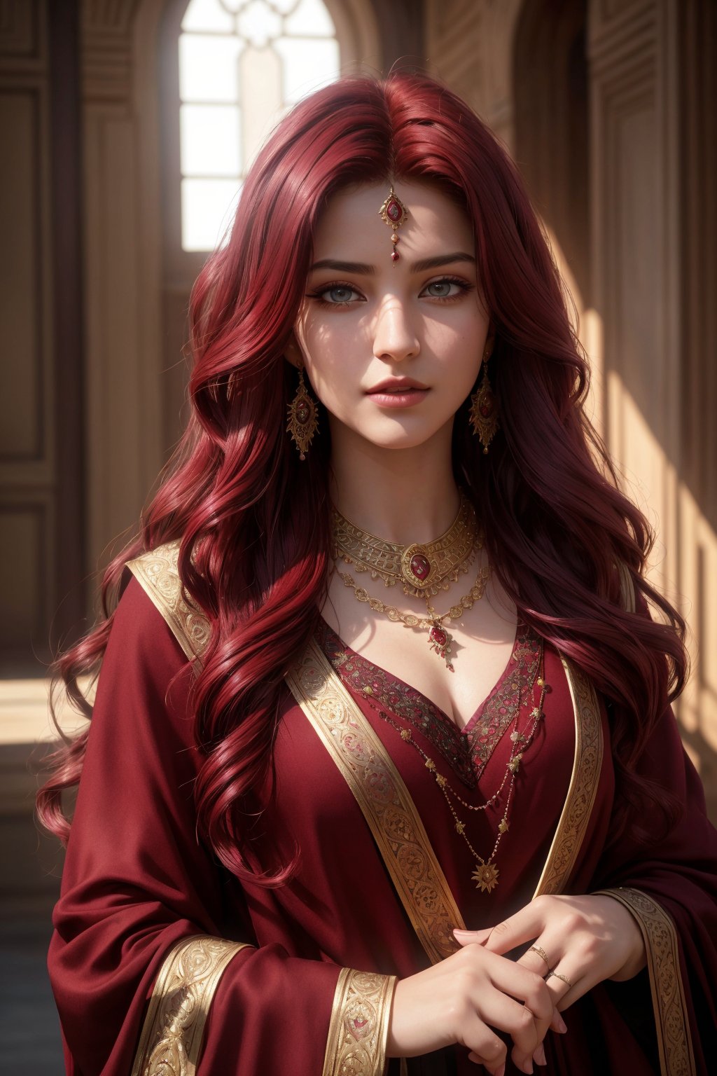 High quality, masterpiece, masterpiece, exquisite facial features, exquisite hair, exquisite eyes, red maroon colored hair, 4K quality, gorgeous light and shadow, Tyndall effect, halo, messy hair, young state, gorgeous scenes, persian_clothes , chains, guns, 18K, generate a photorealistic, extremely intricate:1.3, full_body 