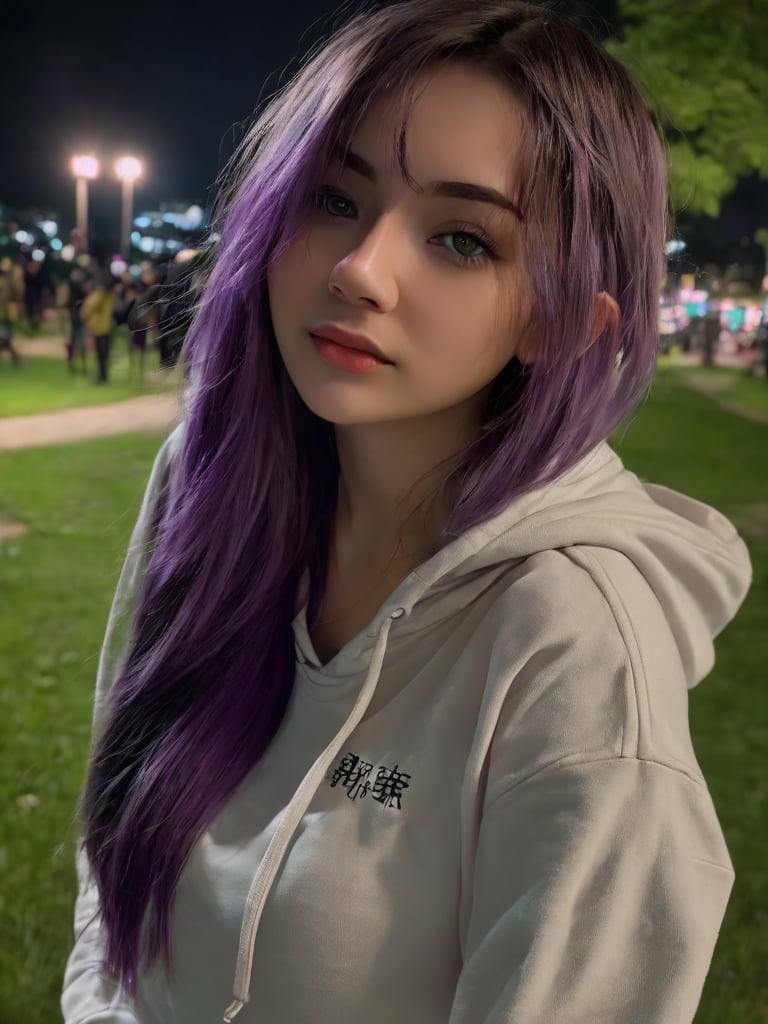 ((best quality)), ((masterpiece)), ((realistic)), (detailed), ((potrai)),(1 girl) women, black hoodie, sfw, arm tattoo, long hair, bangs, small breasts, big green eyes, purple hair, detailed background, in the park, portrait, smiling, seductive look, night, (((close up face shoot))), dim lights, 8k uhd, realistic, Nikon z9, raytracing, focus face