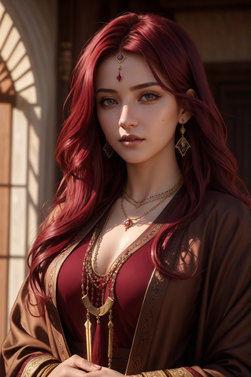 High quality, masterpiece, masterpiece, exquisite facial features, exquisite hair, exquisite eyes, red maroon colored hair, 4K quality, gorgeous light and shadow, Tyndall effect, halo, messy hair, young state, gorgeous scenes, persian_clothes , chains, guns, 18K, realistic