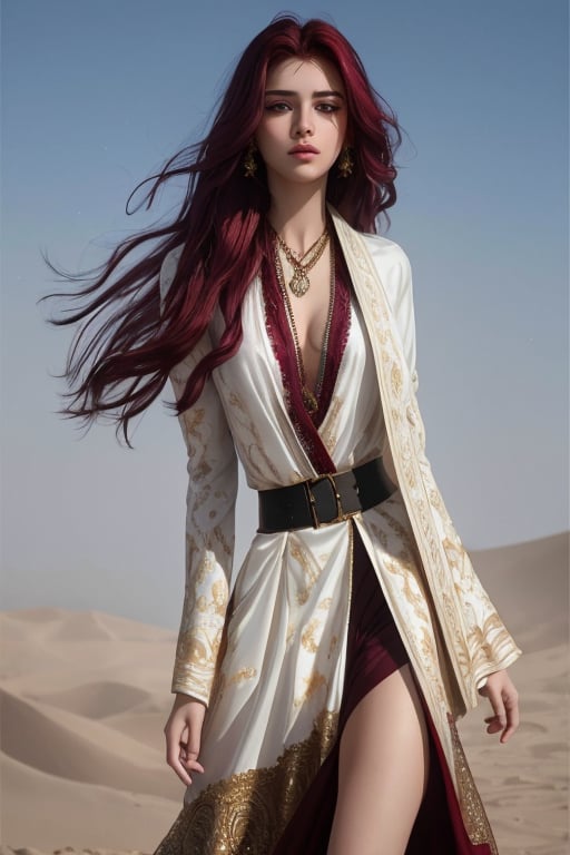 High quality, masterpiece, masterpiece, exquisite facial features, exquisite hair, exquisite eyes, red maroon colored hair, 4K quality, gorgeous light and shadow, Tyndall effect, halo, messy hair, young state, gorgeous scenes, persian_clothes , chains, guns, 18K, generate a photorealistic, extremely intricate:1.3, full_body 