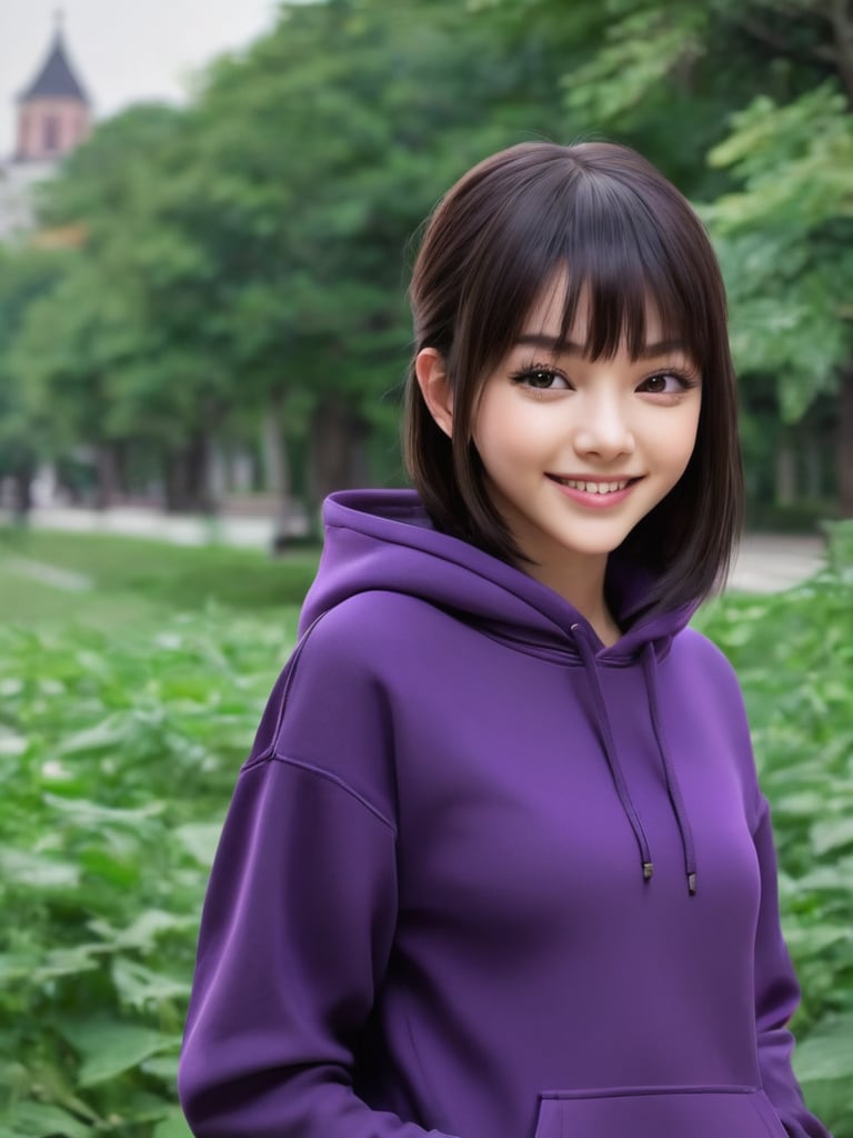 ((best quality)), ((masterpiece)), ((realistic)), (detailed), ((potrai)),(1 girl) women, black hoodie, sfw, arm tattoo, long hair, bangs, small breasts, big green eyes, purple hair, detailed background, in the park, portrait, smiling, seductive look, night, (((close up face shoot))), dim lights, 8k uhd, realistic, Nikon z9, raytracing, full body, realistic, kendall jenner, nice pose