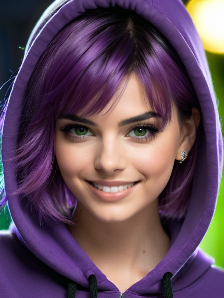 ((best quality)), ((masterpiece)), ((realistic)), (detailed), ((potrai)),(1 girl) women, black hoodie, sfw, arm tattoo, long hair, bangs, small breasts, big green eyes, purple hair, detailed background, in the park, portrait, smiling, seductive look, night, (((close up face shoot))), dim lights, 8k uhd, realistic, Nikon z9, raytracing, full body, realistic, kendall jenner, nice pose,OHWX