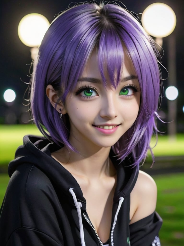 ((best quality)), ((masterpiece)), ((realistic)), (detailed), ((potrai)),(1 girl) women, black hoodie, sfw, arm tattoo, long hair, bangs, small breasts, big green eyes, purple hair, detailed background, in the park, portrait, smiling, seductive look, night, (((close up face shoot))), dim lights, 8k uhd, realistic, Nikon z9, raytracing, full body, realistic,FilmGirl