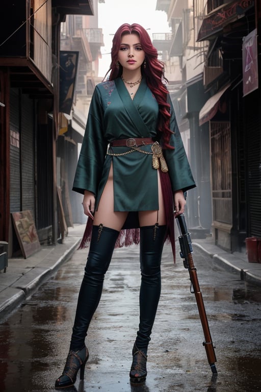 High quality, masterpiece, masterpiece, exquisite facial features, exquisite hair, exquisite eyes, red maroon colored hair, 4K quality, gorgeous light and shadow, Tyndall effect, halo, messy hair, young state, gorgeous scenes, persian_clothes , chains, guns, 18K, generate a photorealistic, extremely intricate:1.3, full_body, perfect_body
