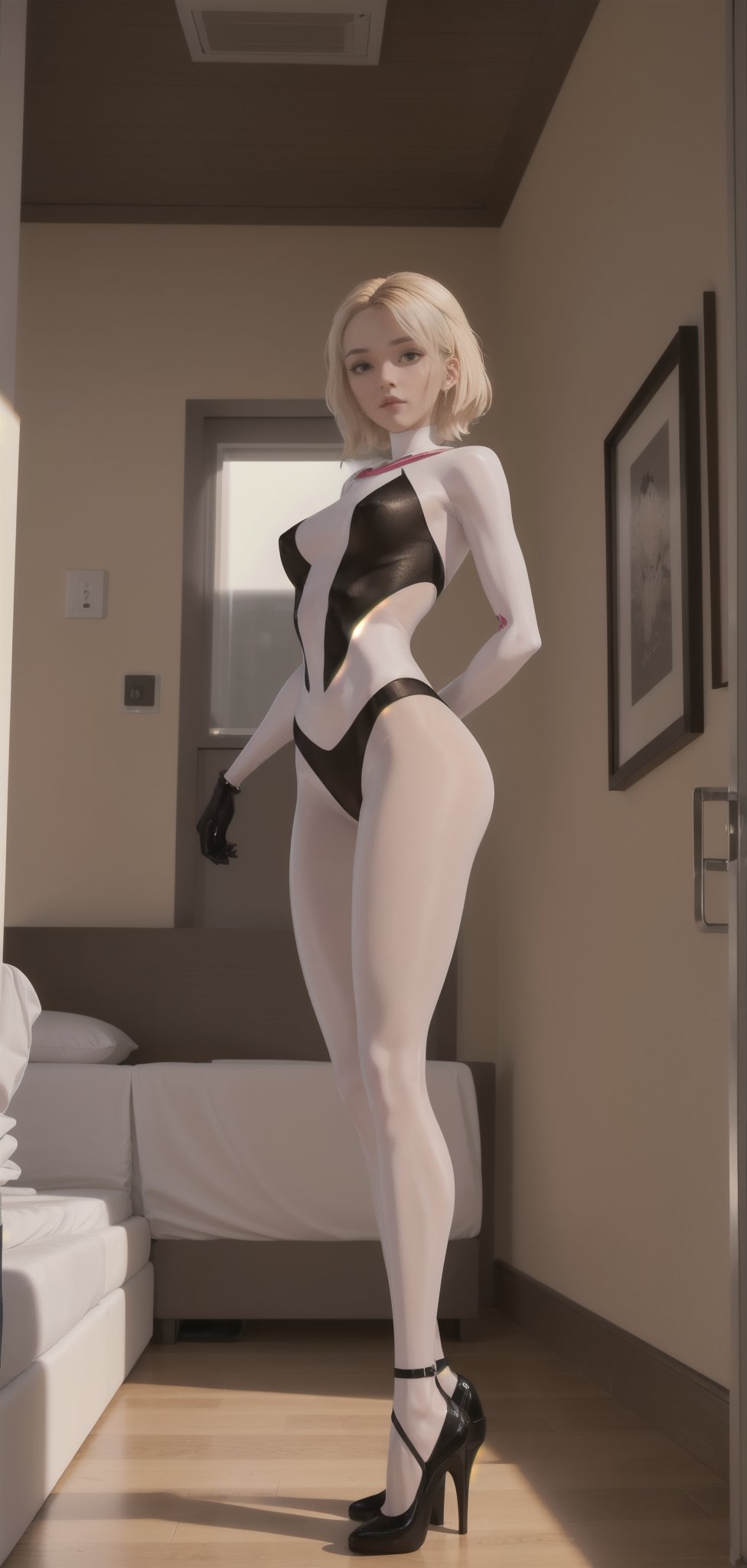  cinematic effect 8k,1girl, beautiful, perfect face, full_body ,hotel room ,small boobs, nice tits ,mecha,Looking towards the viewer, wear swim suit, full body pantyhose, high heels, black_gloves, look like gwen stacy, blond_hair, standing, small head,gwen stacy