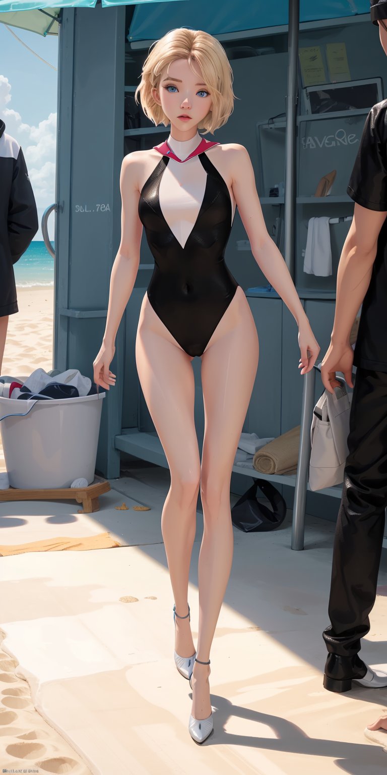 Girl,blond_hair,short-hair,blueeyes,bathing_suit,full_body,fit,bathing_suit,ahe_gao,beach,high quality,gwen stacy, black pantyhose, high heels, long legs, pantyhose