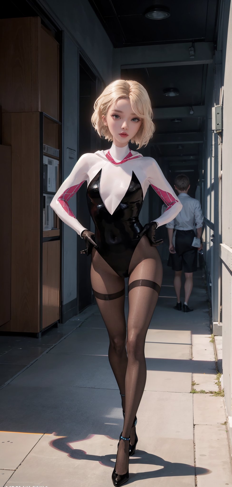  cinematic effect 8k,1girl, beautiful, perfect face, full_body ,hotel room ,small boobs, nice tits ,mecha,Looking towards the viewer, wearing bunny girl suit, full body pantyhose, high heels, black_gloves, look like gwen stacy, blond_hair,gwen stacy, standing, small head