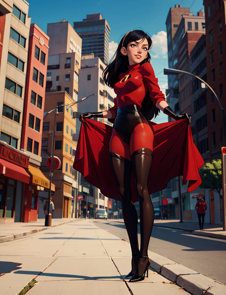 luffy d. fan art, bunny girl, high heels, black pantyhose, 
 black gloves, long black hair, full body, standing,style, sonny, city, smile, red lips, bunny_suit, black stockings