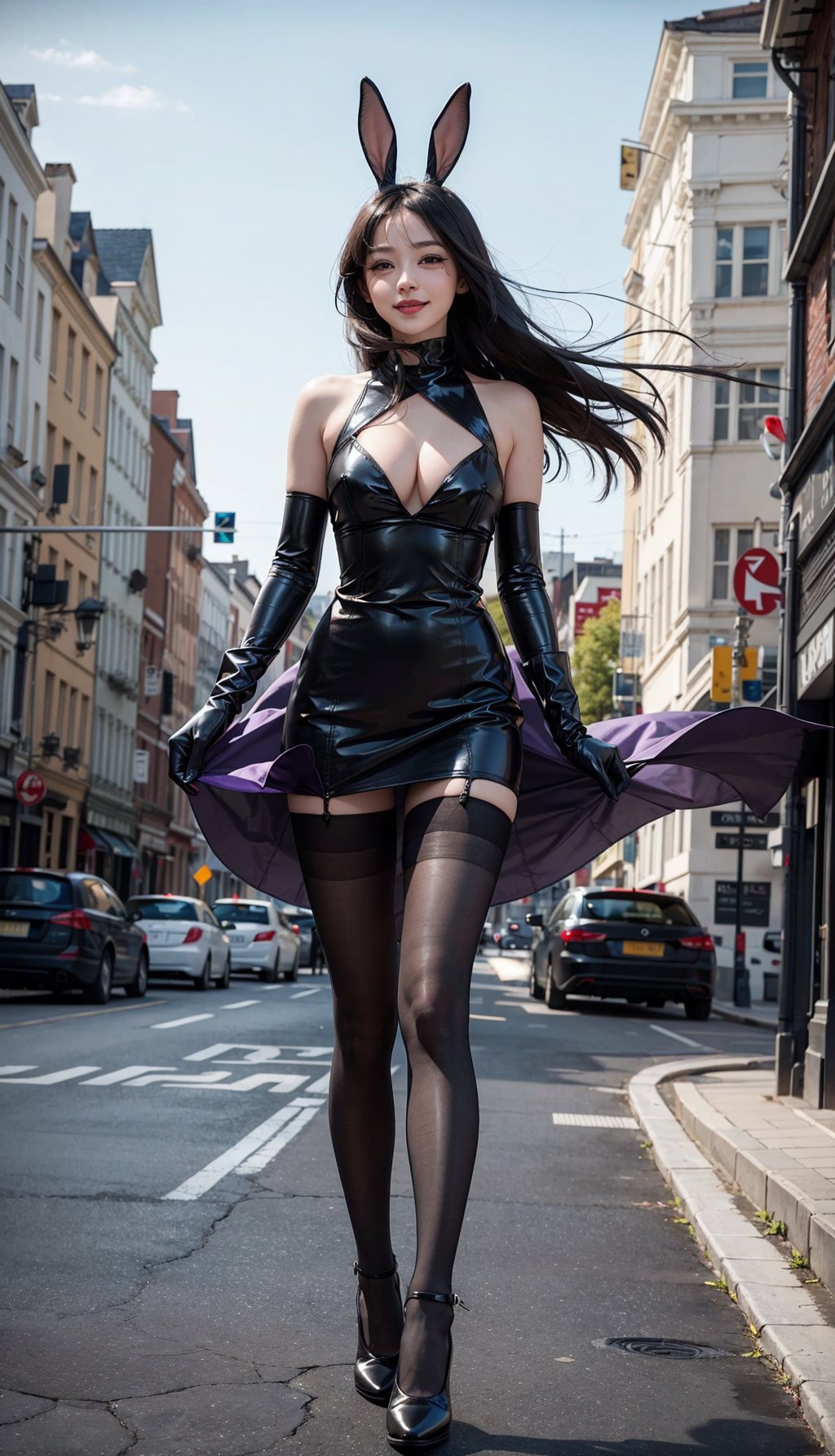  (windy background), 1woman, smile, long black hair, past-the-weste, beautiful breasts, stockings, sonny, city, pantyhose, high heels, black tights, black_gloves, sexy, bunny girl, full body, violetparr, 