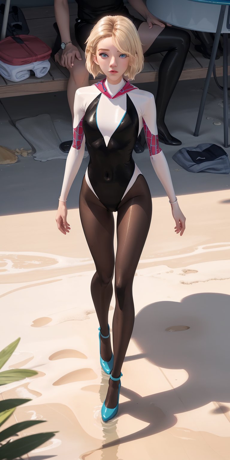 Girl,blond_hair,short-hair,blueeyes,bathing_suit,full_body,fit,bathing_suit,ahe_gao,beach,high quality,gwen stacy, black pantyhose, high heels, long legs, pantyhose, full body pantyhose,