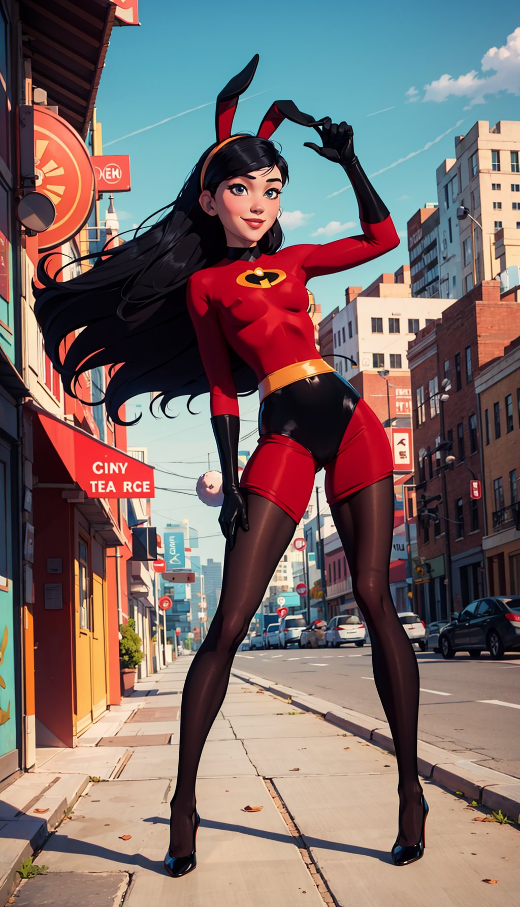  (windy background), 1woman, smile, long black hair, past-the-weste, beautiful breasts, stockings, sonny, city, pantyhose, high heels, black tights, black_gloves, sexy, bunny girl, full body, violetparr, bunny ear,