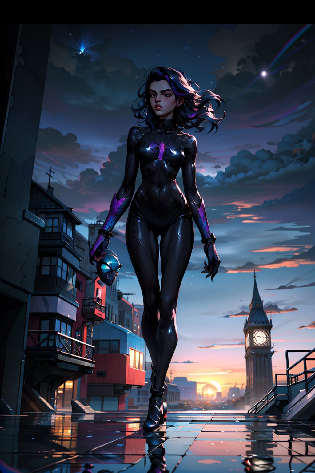 (masterpiece:1.1), (highest quality:1.1), (HDR:1.3), absurdres, highres, best quality, 1girl (dark skinned girl), victorian, building, top of building, nighttime, scenery, dusk, colorful clouds, dark, stars, reflection, (iridescent:1.5), meteor, full body, clouds, silhouette, black spider suit,
