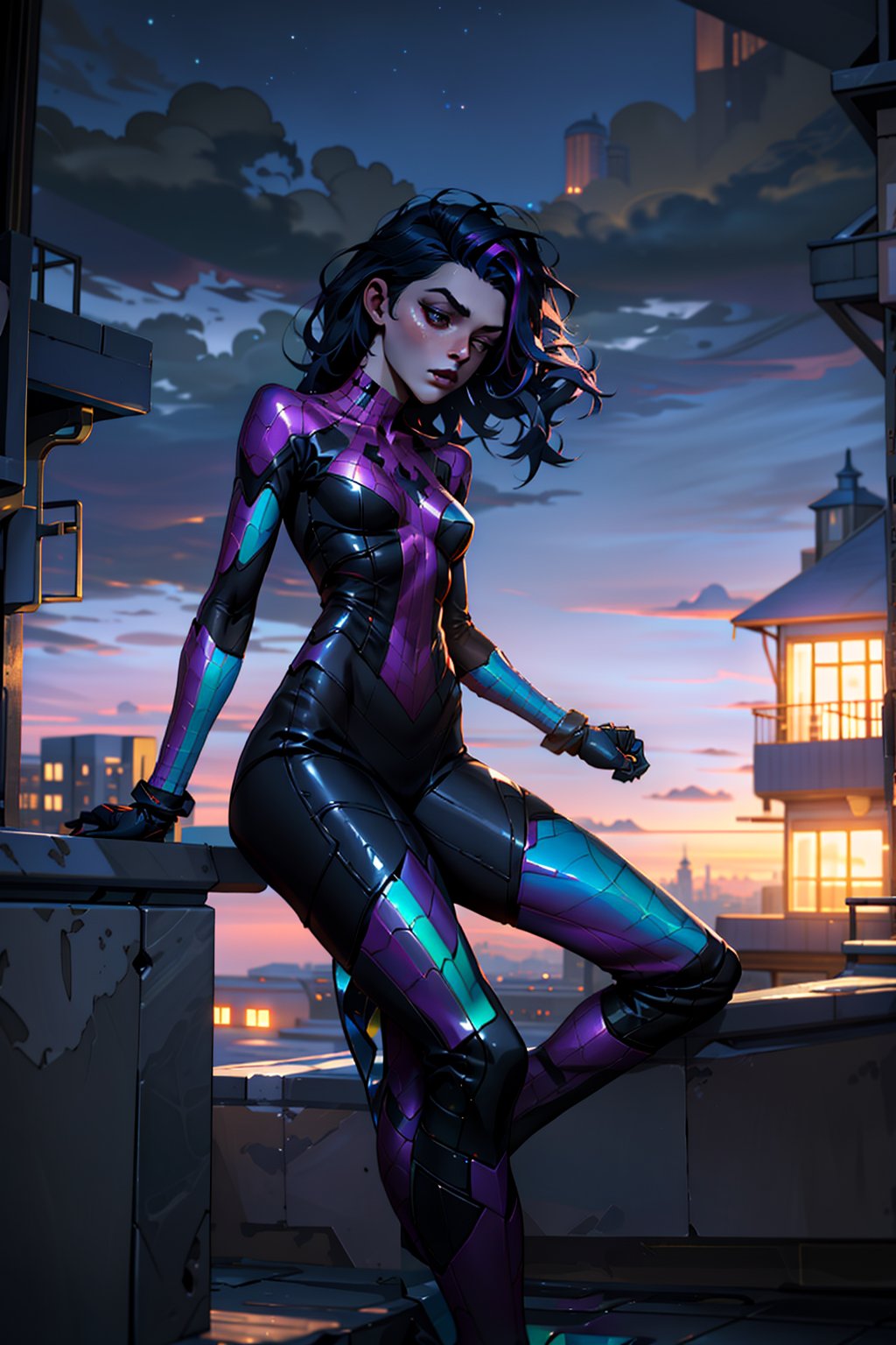 (masterpiece:1.1), (highest quality:1.1), (HDR:1.3), absurdres, highres, best quality, 1girl (dark skinned girl), victorian, building, top of building, nighttime, scenery, dusk, colorful clouds, dark, stars, reflection, (iridescent:1.5), meteor, full body, clouds, silhouette, black spider suit,
