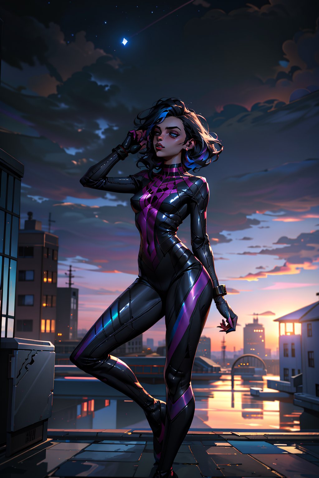 (masterpiece:1.1), (highest quality:1.1), (HDR:1.3), absurdres, highres, best quality, 1girl (dark skinned girl), building, top of building, nighttime, scenery, dusk, colorful clouds, dark, stars, reflection, (iridescent:1.5), meteor, full body, clouds, silhouette, black spider suit,
