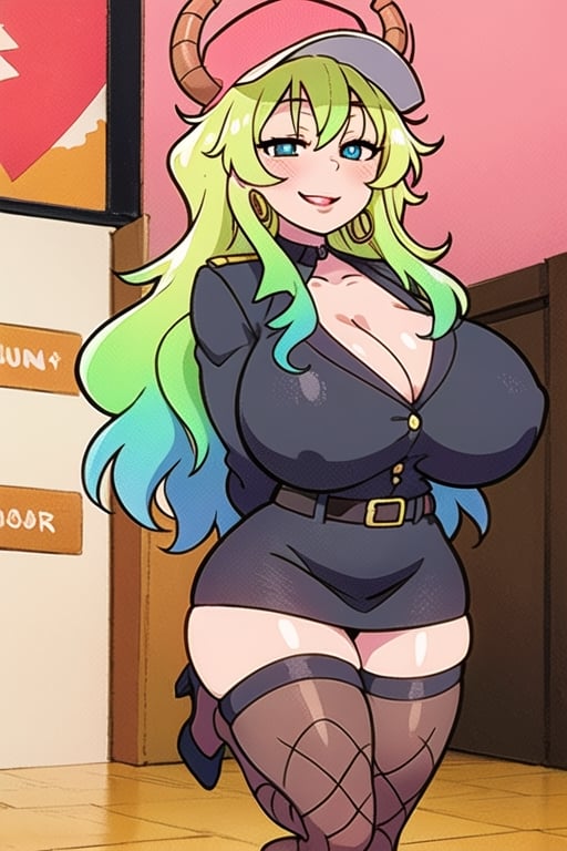 Lucoa_Quetzalcoatl, blonde_hair, masterpiece, best_quality, multicolored_hair, heterochromia, blue_eyes, 1girl, hoop_earrings, breasts, solo, police, earrings, full_body, high_heels, bursting_breasts, lipstick, jewelry, police uniform, makeup, hat, smiling, uniform, huge_breasts, thighhighs, policewoman, skirt, fishnets, cleavage, brown eyes, arms_behind_back, thighs, thick_thighs, fishnet_thighhighs, belt, curvy, miniskirt, lips, gradient, gigantic_breasts,Lucoa_Quetzalcoatl 