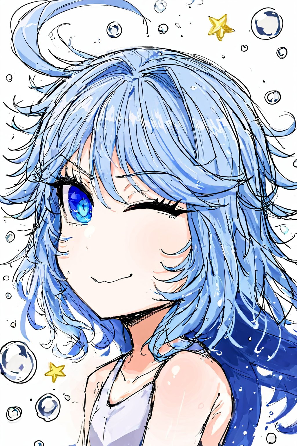 mdsktch sketch of furinanrml, light blue hair, looking at the viewer, left eye closed, grinning, standing, simple background, rough outlines, flat colours, particles, stars, water drops