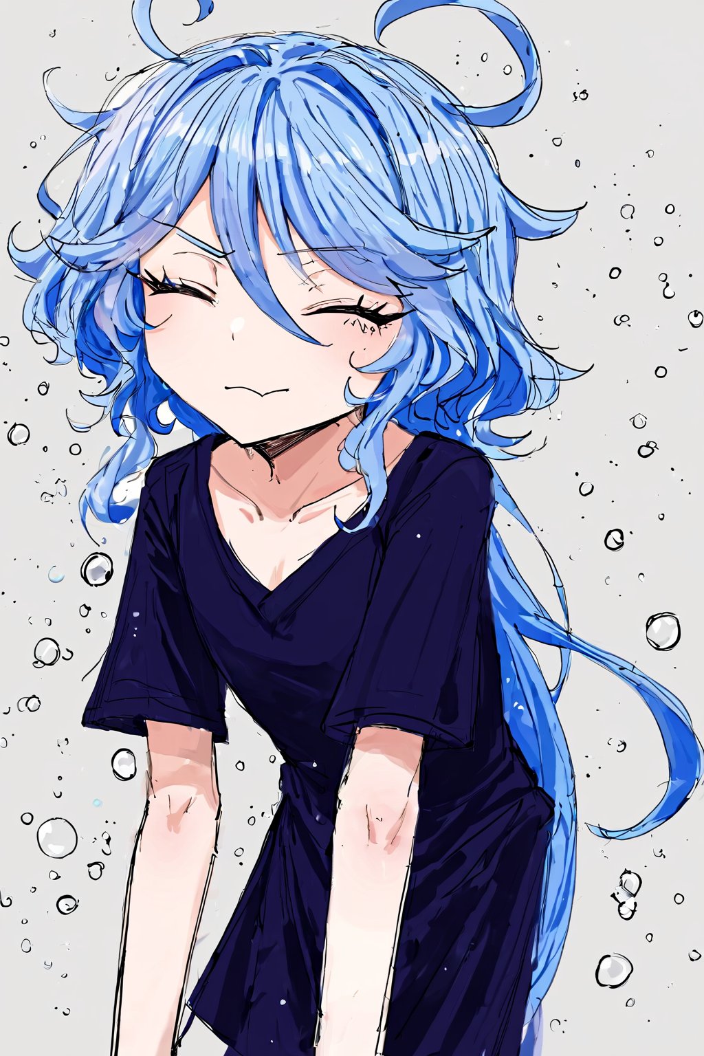 mdsktch sketch of furinanrml, light blue hair, looking at the viewer, left eye closed, grinning, leaning forward, simple background, rough outlines, flat colours, particles, stars, water drops