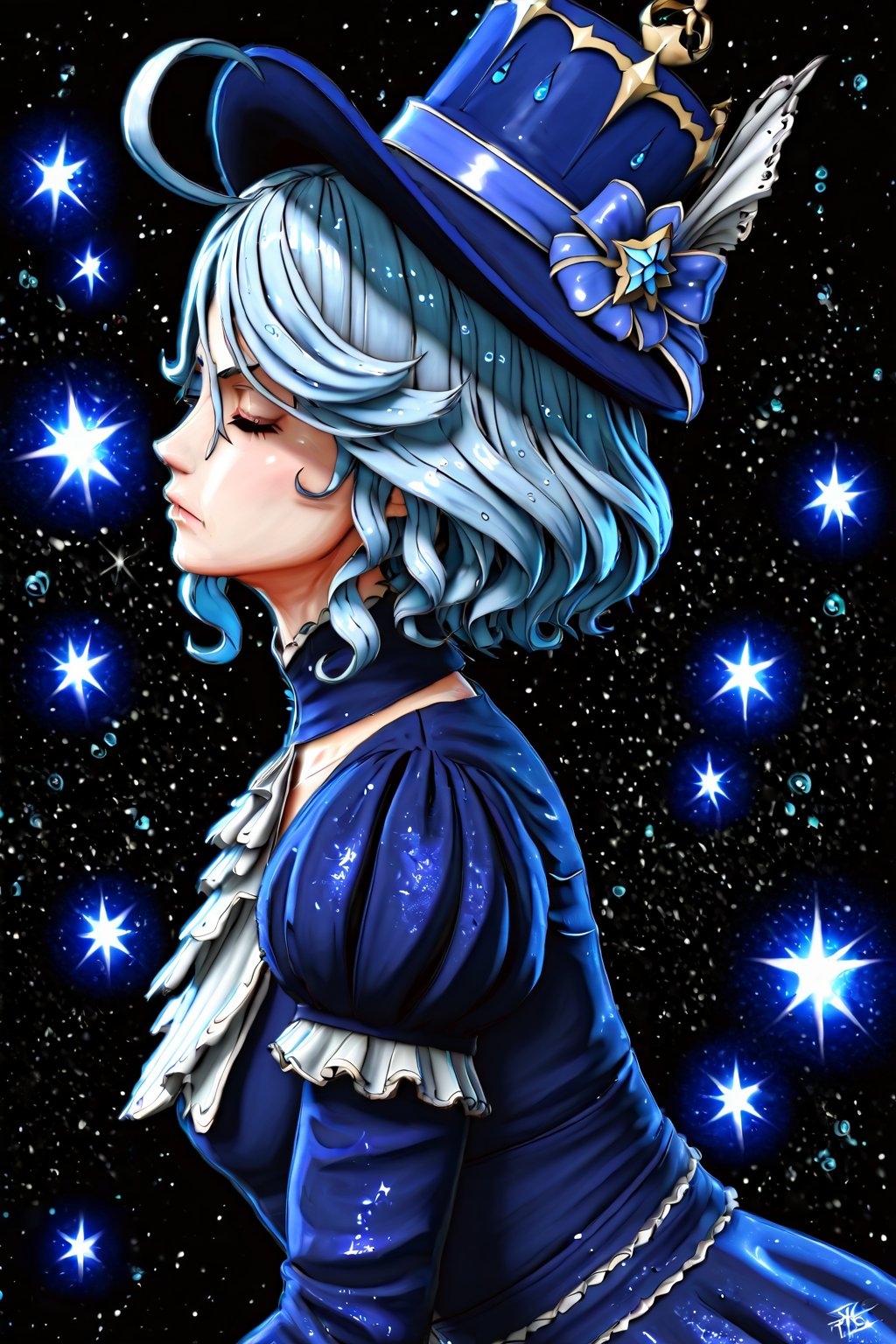 [furina | glass figure], blue and white short hair, view from the side, closed eyes, grinning, dark blue long victorian dress with laces, blue hat, stars, glitter, particles, 3d, hdr, rtx, octane render, shiny, glassy, glare, water drops, black background