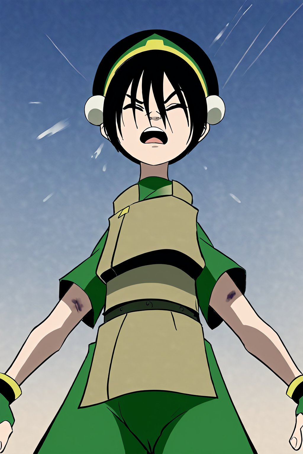 toph beifong, short black hair, closed eyes, bruise under left eye, open mouth, :D, brown dirty cloak, standing, holding cabbagehead, blue sky, view from below, colorful, rough outlines, flat colours, pop art, comics, motion lines, particles, sketch