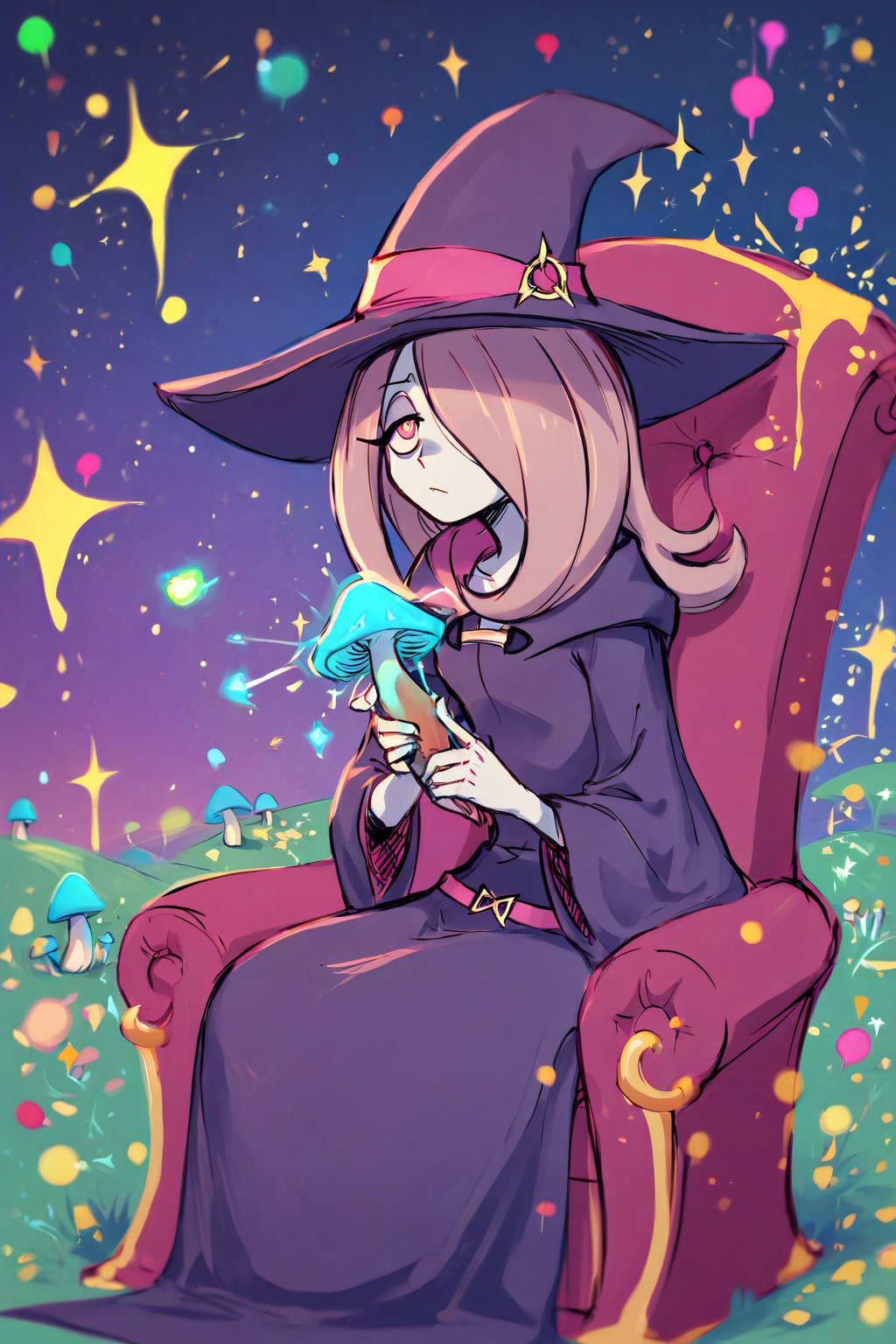 Sucy_Manbavaran, solo, purple cloak, black witch hat, sitting in pink leather armchair, mushrooms on armchair, :(, holding a green mushroom in right hand, pink and blue mushroom field at background, puple sky with stars, (rough_sketch, particles, grains, minimalistic, doodle : 1.2), glitter, rough outlines, colourful, glowing, glowneon, sparks, paint splits